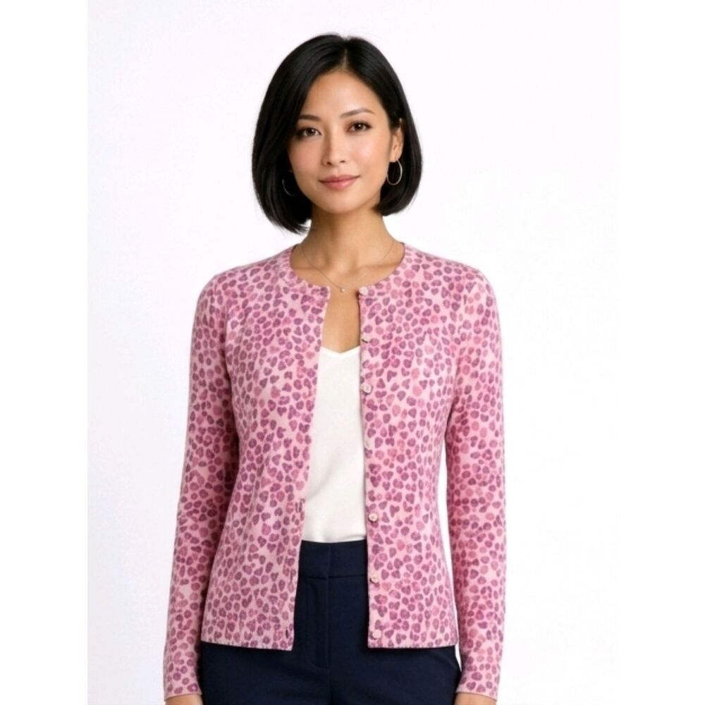 Foxcroft Pink Heart Crew Neck Button Down Cardigan Sweater Size S